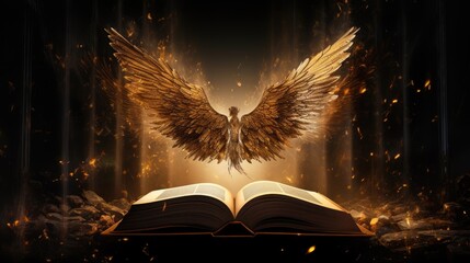 The Bible, the book of the god of Christianity about the covenants of Jesus Christ, with a flame of fire and an angel, golden shades - Powered by Adobe