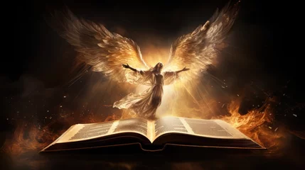 Photo sur Aluminium Feu The Bible, the book of the god of Christianity about the covenants of Jesus Christ, with a flame of fire and an angel, golden shades
