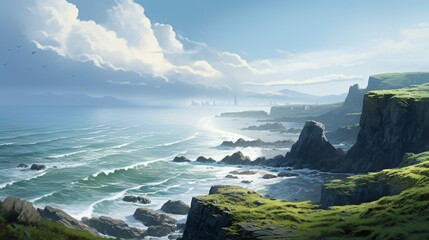 A sweeping panoramic view of a coastal landscape with waves crashing against rugged cliffs