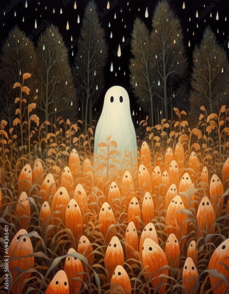 Poster a painting of a large group of pumpkins in a field with a ghost in the middle of the field.