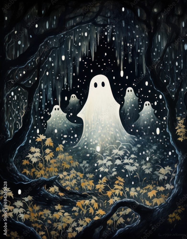 Poster a painting of a group of ghost in a forest with snow falling from the trees and falling leaves on th