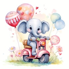 cute elephant Riding Cycle with balloon Watercolor Illustration