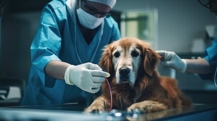 Hands of veterinarians in protective gloves trying to calm down dog on the table in veterinary clinic