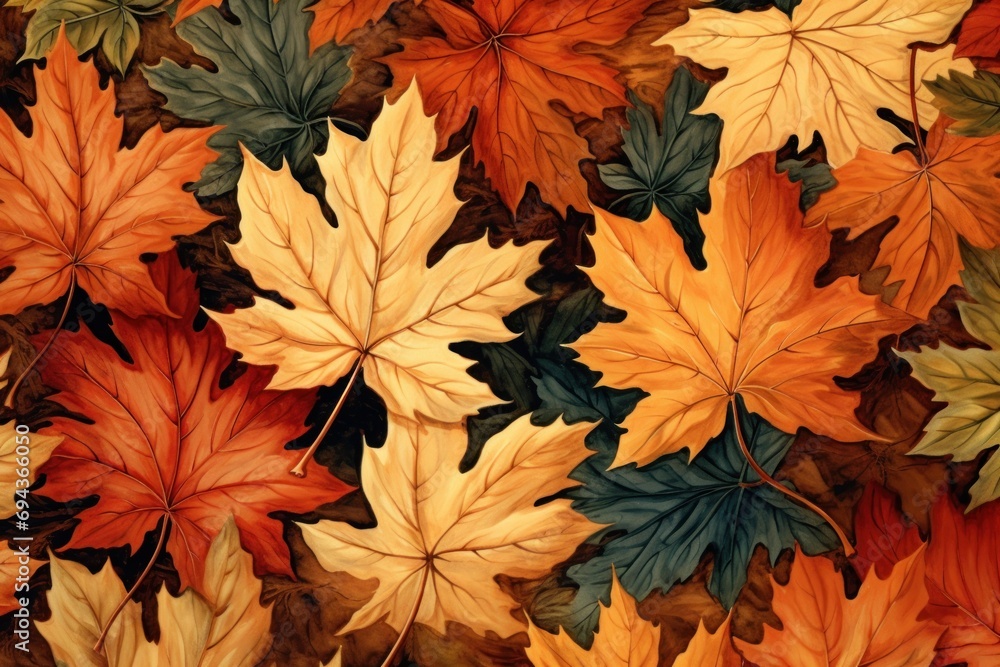 Poster a close up of a bunch of leaves with different colors and sizes of leaves in the middle of the image