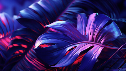 Tropical nature leaves with neon light abstract background. Generative ai.