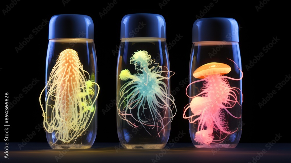 Poster a group of three glass vases with different types of jellyfish inside of them on a dark surface with