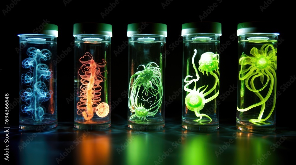 Poster a row of glass vases filled with different types of light and shapes of liquid inside of them on a b