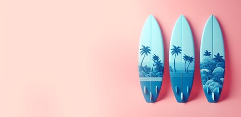 Three Blue surfboards on pink isolated background, Surfboard copy space, A row of surfboards with palm trees on them,AI generative