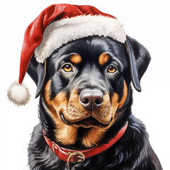 Watercolor painting of an adorable Rottweiler breed dog wearing a red Santa Claus hat on a white background. Perfect for making Christmas cards for dog lovers. Christmas illustration.