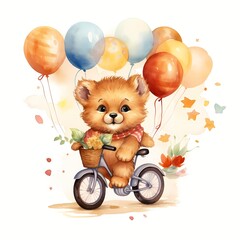 cute lion cub Riding cycle with balloon Flower Watercolor Illustration 