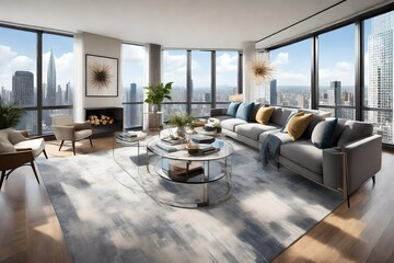 A high-rise apartment living room with floor-to-ceiling windows offering panoramic urban views.