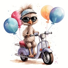 cute ostrich Riding Cycle With Balloon watercolor Illustration 