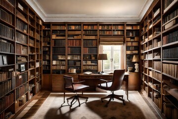 A study room with floor-to-ceiling bookshelves, a large oak desk, and a classic leather armchair.