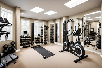 Fototapeta na wymiar A home gym with state-of-the-art equipment, full-length mirrors, and motivational wall decals.