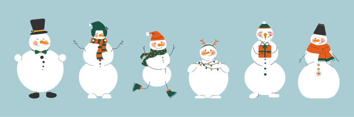 Flat vector illustration of snowmen. Cute, cozy illustration of snowmen on ice skates, with a scarf and a hat.Happy New Year greetings.Concept for postcard, invitation, poster.