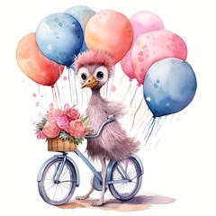 cute ostrich Riding Cycle With Balloon watercolor Illustration 