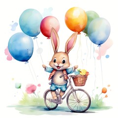  cute rabbit  Riding Cycle With Balloon watercolor Illustration 