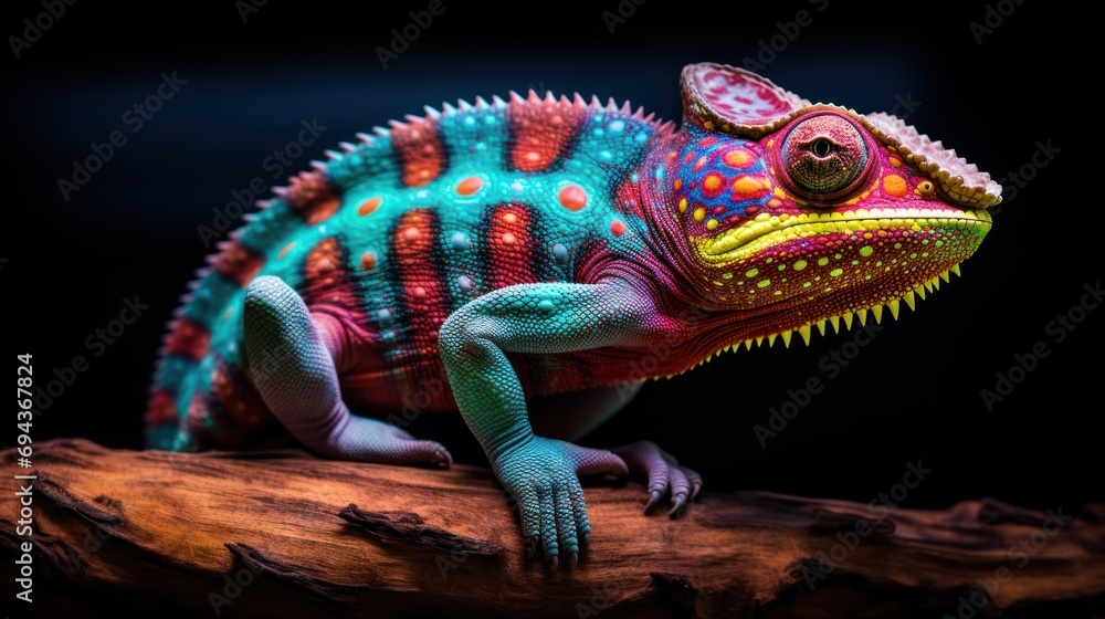 Poster a brightly colored chamelon sitting on top of a tree branch in front of a dark background with a bla