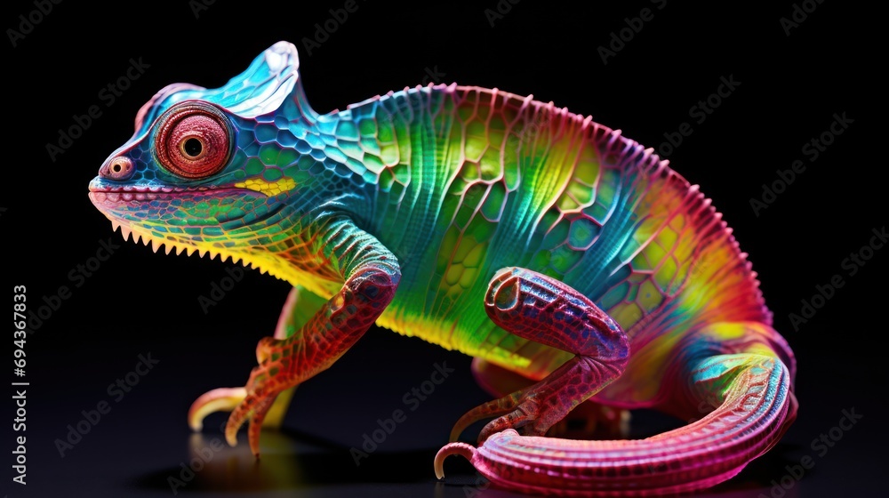 Aufkleber a brightly colored chamelon sitting on top of a black surface in front of a black background with a 