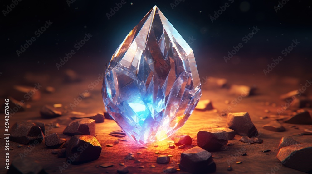 Poster a close up of a crystal on a surface with rocks and rocks around it and a bright light coming from t