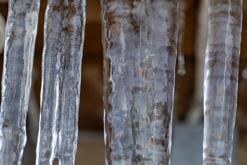 Close up of a large icicles with more melting icicles beside