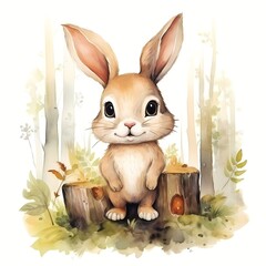 cute rabbit in Forest watercolor Illustration 