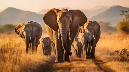 Herd of elephants in the savanna