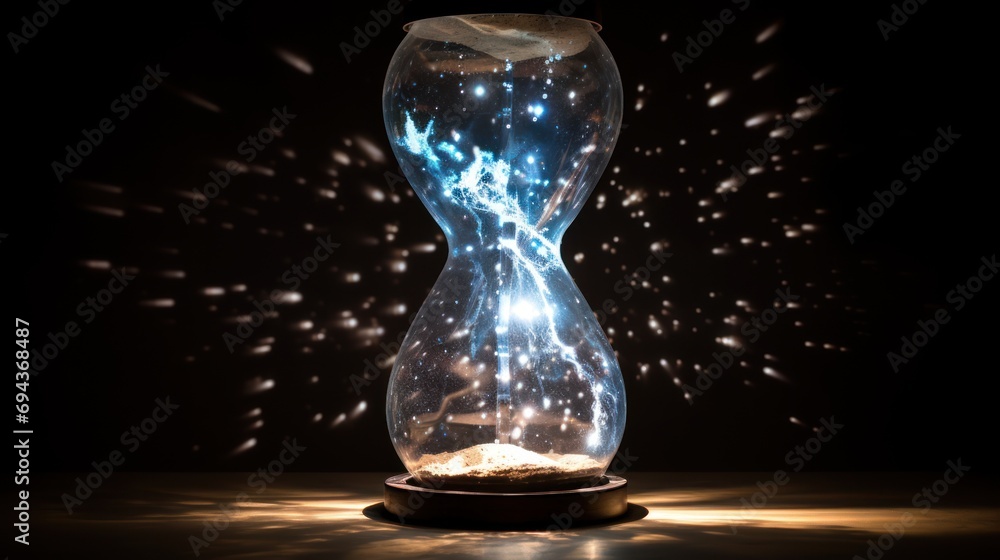 Poster a glass vase with a light inside of it on top of a table with a firework inside of it.