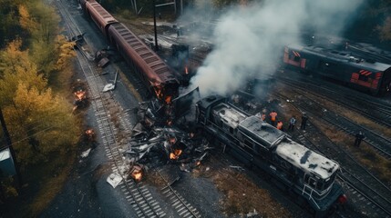 High-angle view of train derailment accident