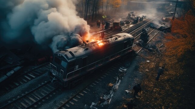 High-angle view of train derailment accident