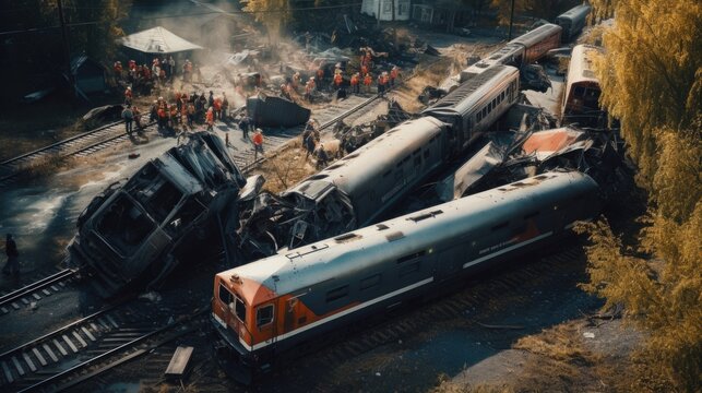 High-angle view of train derailment accident