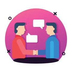 Two persons shaking hands and having conversation, flat modern icon of communication