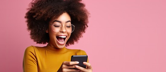 Excited woman impressed by social media feedback on smartphone.