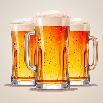 Vector image of three mugs of beer. Drinks with a lot of foam. Made with generative ai