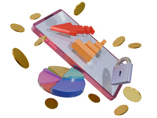 Graphic illustration on a business theme. Smartphone with diagrams, lock and coins flying in the air. 3D rendering.