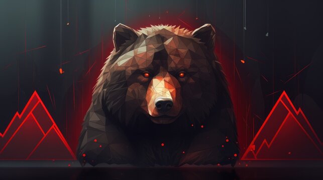  a low polygonic picture of a bear's head with a red light coming out of its eyes.