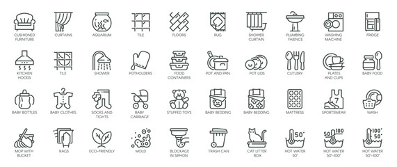 Icons Pack on Cleaning Products. Such Line Signs as Household Items, Kids' Things, Kitchenware, Interior Items, Household Appliances, Plumbing. Vector Icons Set for Web and App in Outline Thin Stroke.