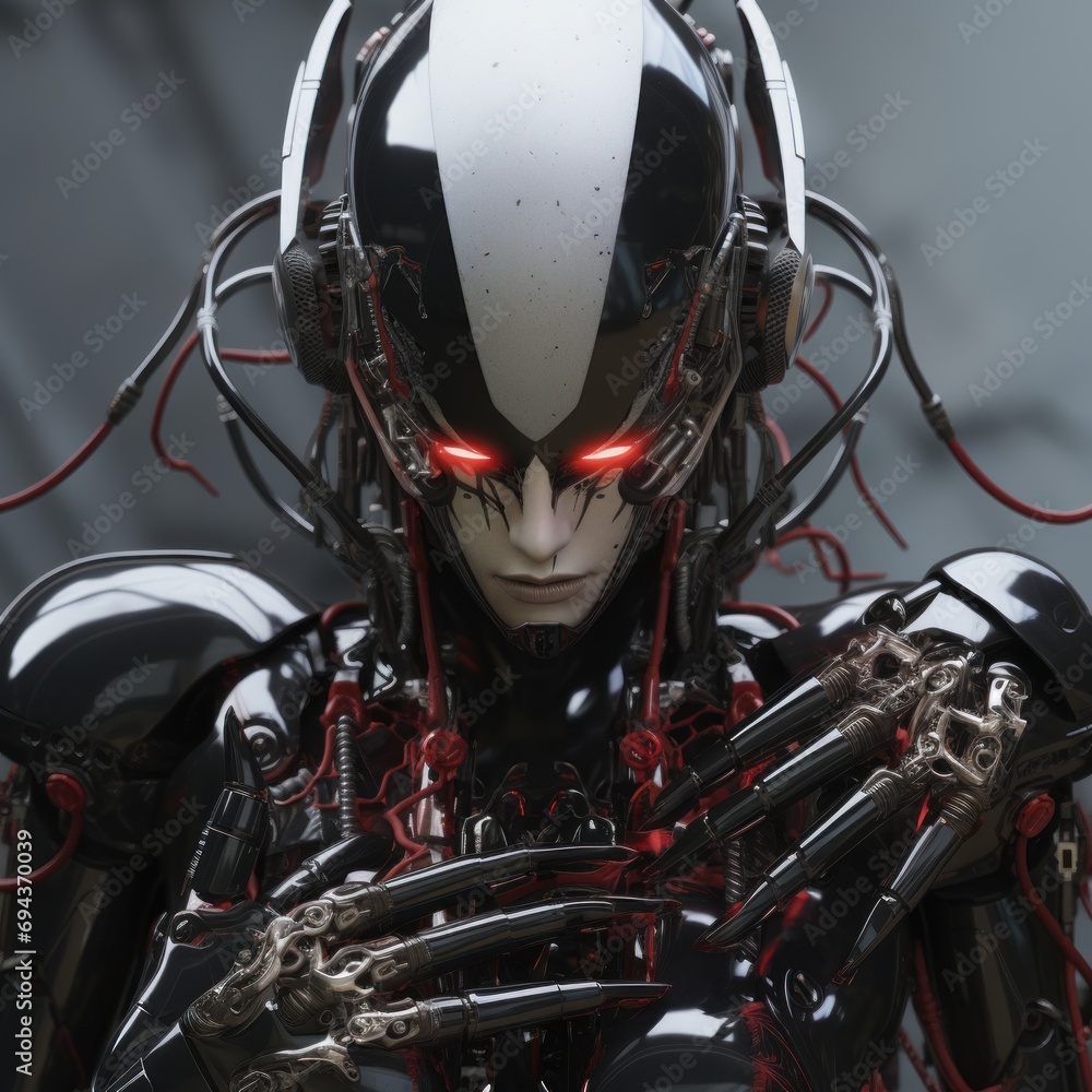 Aufkleber a robot with red eyes and headphones standing in front of a gray background with a chain around his 