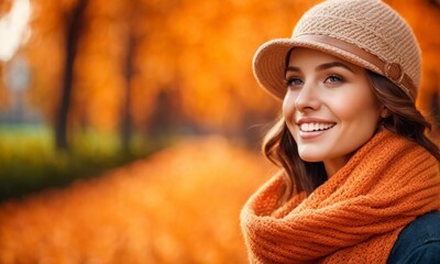 Cute Young Happy Girl in Scarf and Hat for Fall on a Orange Background with Space for Copy, Generative AI