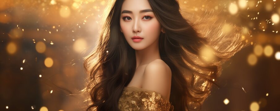 Beautiful young asian woman in golden shine dress with glitter background christmas festive celebrity