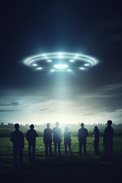 Alien spaceship above the surface of the Earth. People look at the mesmerizing spectacle. Contact with extraterrestrial civilization.