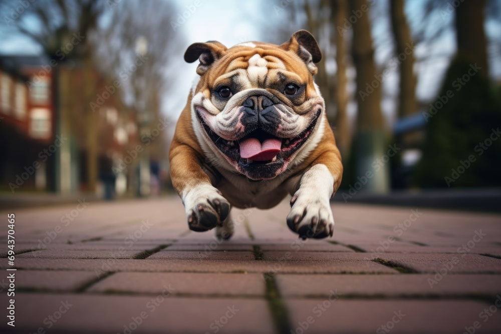 Poster a close up of a dog running on a brick road with trees in the background and a building in the backg