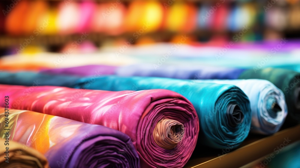 Poster a shelf filled with lots of different colored rolls of cloth on top of a wooden shelf next to each o