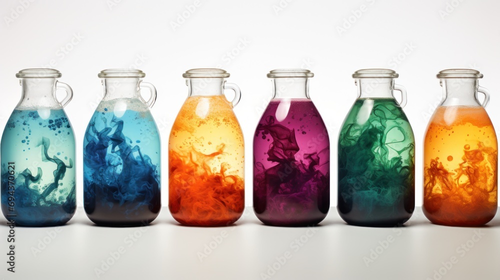 Poster a row of glass vases with different colored liquid inside of them on a white surface with a white ba
