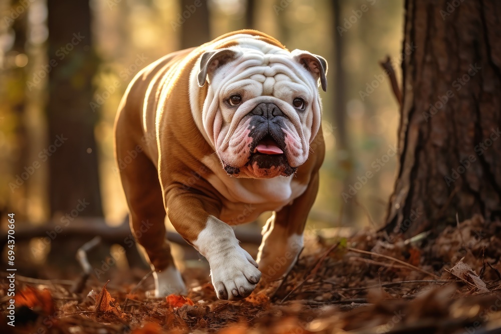 Aufkleber a close up of a dog running in the woods near a tree with leaves on the ground and a tree trunk in t