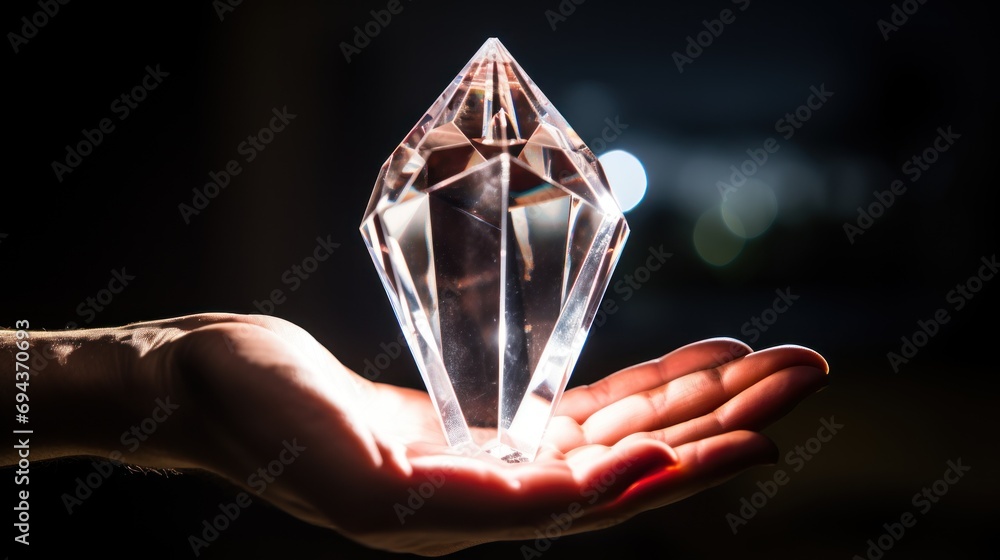 Poster a person's hand holding a crystal object in front of a blurry image of a building in the background.