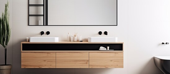 Contemporary bathroom with wooden cabinet, black faucets, white marble countertop, and square black-rimmed mirrors.