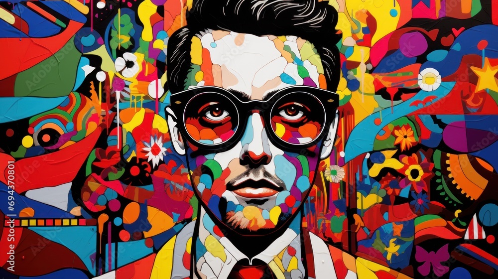 Poster a painting of a man with glasses and a tie in front of a multicolored background of different shapes