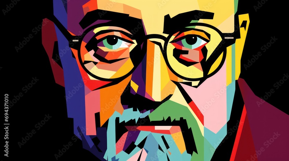 Poster a portrait of a man with glasses and a beard in a multicolored image of a man's face.