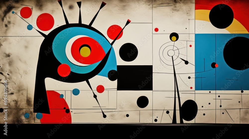 Poster a picture of a painting on a wall with different colors and sizes of shapes and sizes of circles on 